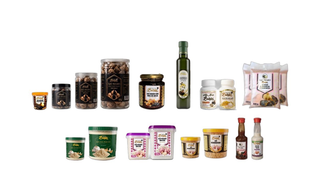 Línea completa de productos Britzke en dos filas: ajo negro pelado, ajo negro en frascos, miel con ajo negro, aceite de oliva, suplementos en cápsulas, sal del Himalaya, ajo en polvo, ajo picado, ajo deshidratado y salsas