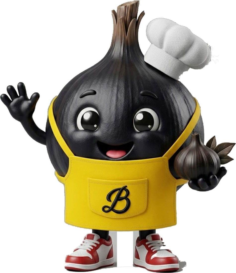 Mascota de Productos Britzke: un bulbo de ajo negro chef, con gorro blanco y delantal amarillo, que saluda con una mano y sostiene un bulbo entero de ajo negro con la otra